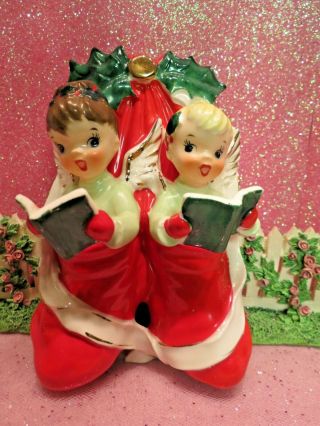 Vtg Napco Holly Berry Christmas Angels In Santa Stockings Wall Pocket Ax1708