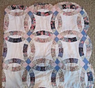 Vintage Quilt Top Double Wedding Ring Motif Pattern Hand Pieced 80 X 80,  1990 