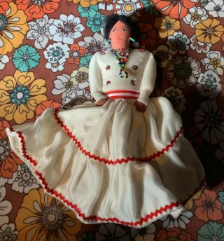 Vtg Handmade Artist Signed Navajo Cloth Beaded 9 " Doll Red White Dress Unique
