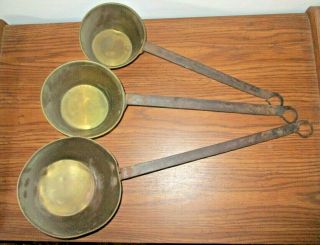 3 Antique Primitive Hand Made & Forged Dipper Pots Iron & Brass Hearth Ladles