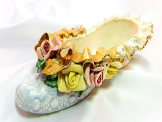 Porcelain Shoe Slipper Heirlooms Of Tomorrow Vintage Blue Lace Roses Gold Trim