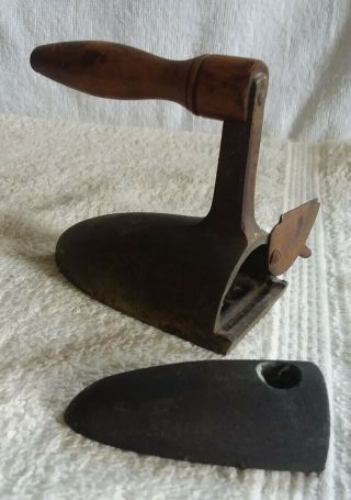 Antique Small Wooden Handle Sad Iron W/ Slug Toy Salesman Sample Size