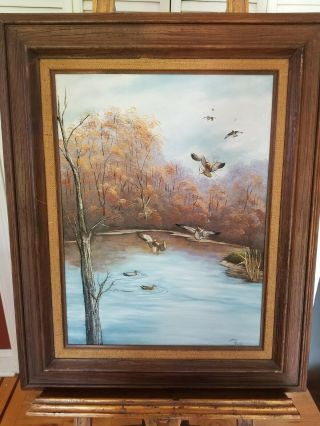 Vintage Framed Painting Wild Ducks Game Birds Signed 32.  5 " X 26.  25 "