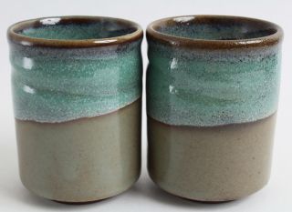Mino Ware Japanese Pottery Pair Yunomi Chawan Tea Cup Blue & Moss Green Straight