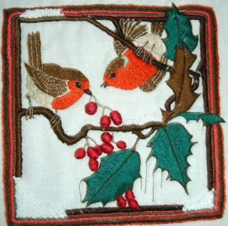 Vintage Hand Embroidered Unframed Linen Picture Robins