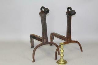 A Rare Pair 18th C American Hand Forged Faceted Ball Top Wrought Iron Andirons