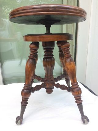 Vintage Old Piano Stool Wood Adjustable W/ Claw Feet Glass Ball (r68