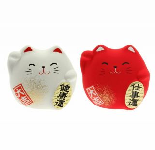 Set Of 2 Japanese 2 " H Earthenware Maneki Neko Rich Lucky Happy Cat Made In Japan