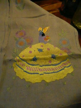 Vintage Embroidered Cloth Floral Crinoline Lady Cottage Garden Linen Runner