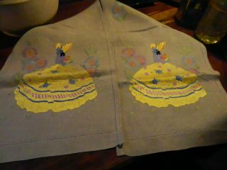 Vintage Embroidered cloth Floral Crinoline Lady Cottage Garden Linen Runner 2