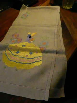 Vintage Embroidered cloth Floral Crinoline Lady Cottage Garden Linen Runner 3