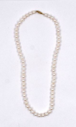 Vintage 6.  5mm Pearl Strand Necklace 14k Yellow Gold 585 Fancy Clasp 17 " Long