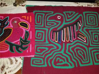 2 Vtg Panama Kuna Mola Hand Stitched Reverse Applique Textile Duck Bird Parrot