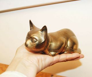 Vintage Solid Brass Cat Figurine Heavy 6.  5 " Long