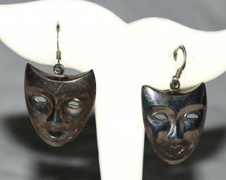 Vintage Masks With Cut Out Eyes & Mouth Sterling Silver Drop Pierced Earrings
