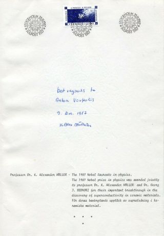 1987 Nobel Prize In Physics K Alex MÜller Orig Autograph From 1987