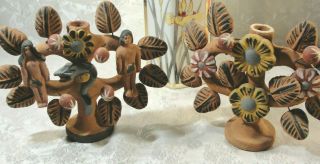Candle Holders Mexican Folk Art Terracotta Tree Of Life Adam And Eve Vintage