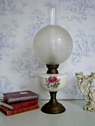 French Ceramic Brass & Glass Floral Oil Lantern Style Table Lamp 1421
