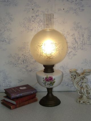 French Ceramic Brass & Glass Floral Oil Lantern Style Table Lamp 1421 2