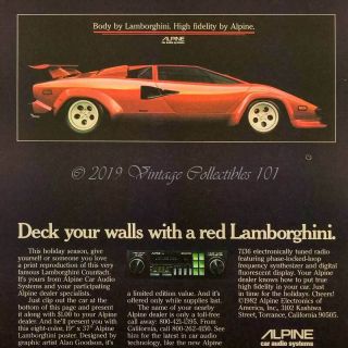 1983 Red Lamborghini Countach 5000s Alpine Car Audio System 80s Vintage Print Ad
