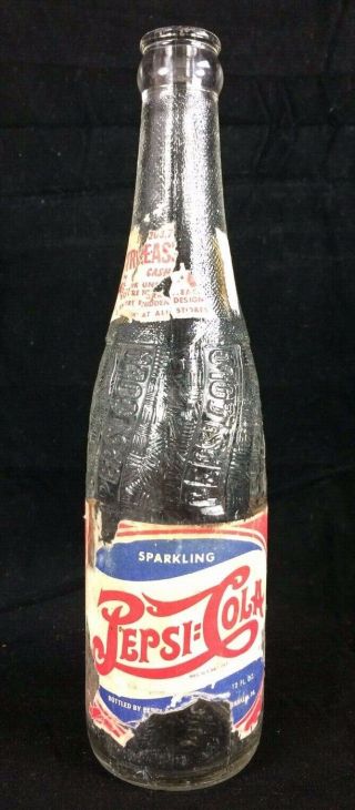 Vtg Pepsi - Cola Treasure Top Double Dot Paper Label Pop Soda Bottle Franklin Pa