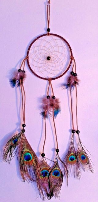 Cherokee Handmade Dream Catcher,  Black Beads,  Blue & Green Peacock Feathers