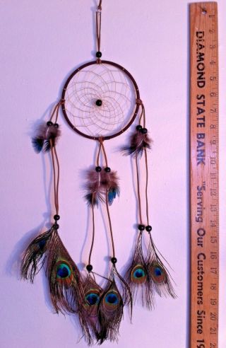Cherokee Handmade Dream Catcher,  Black Beads,  Blue & Green Peacock Feathers 2