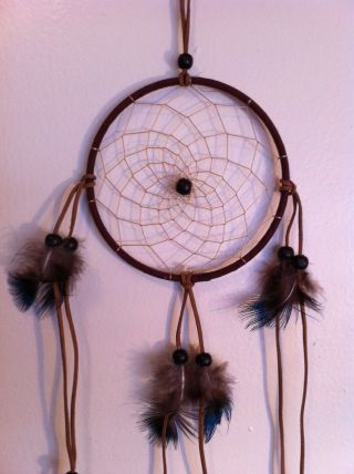 Cherokee Handmade Dream Catcher,  Black Beads,  Blue & Green Peacock Feathers 3