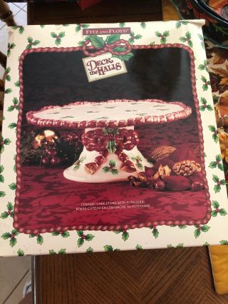 Vintage Fitz And Floyd Deck The Halls Pedestal Cake Plate Christmas Holly W/box