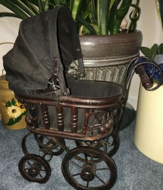 Vintage Wicker Wood,  Metal Victorian Baby Doll Buggy Carriage Stroller.  Solid
