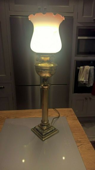 Converted Oil Lamp - Brass Column Base - Glass Shade