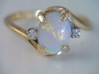 Vintage Art Deco Brogan Solid 14k Gold Diamond & Colorful Opal Ring