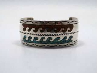 Vintage Native American Silver Turquoise And Coral Mosaic Inlay Cuff Bracelet