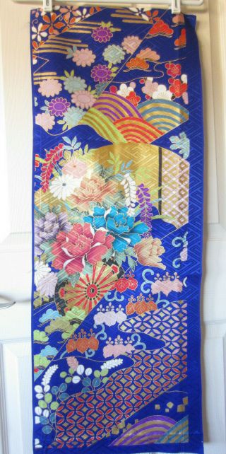 Japanese Silk Kimono Fabric Panel Navy Flower Cart Fans Multicolor Gold 37 " 4
