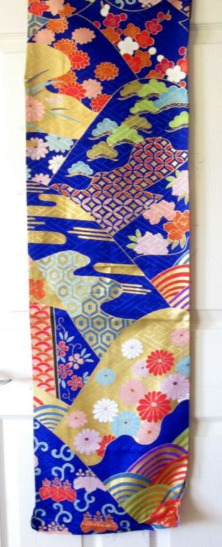 Japanese Silk Kimono Fabric Panel Navy Flower Cart Fans Multicolor Gold 41.  5 " 3