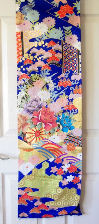 Japanese Silk Kimono Fabric Panel Navy Flower Cart Fans Multicolor Gold 42.  5 " 2