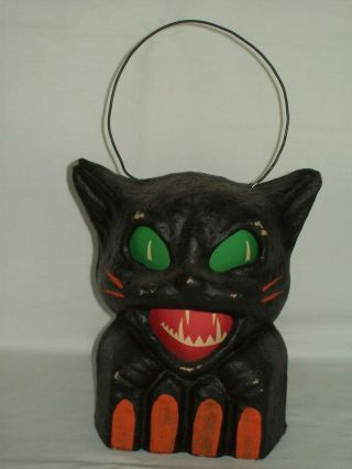 Vintage Paper Mache Black Cat On A Fence Halloween Decoration