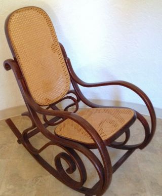 Vtg BENTWOOD ROCKER cane back bottom rocking chair MCM Thonet Style Dark Color 3