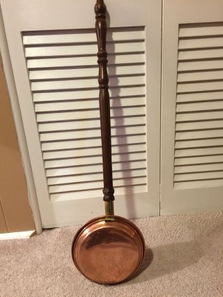 Scarce Antique Copper Brass Bed Warmer Turned Wood Handle Hinge Prop 32 Inch