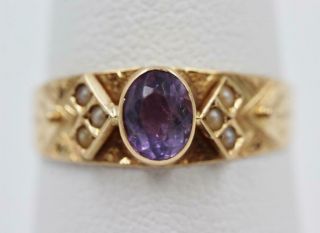 Antique Victorian 18k Solid Yellow Gold Amethyst Seed Pearl European Marks Ring