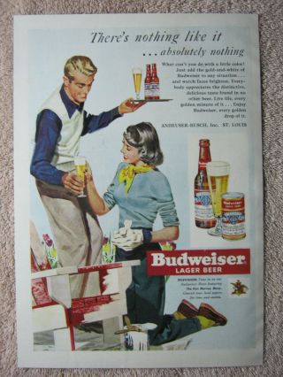 Vintage 1950 Budweiser Beer Husband Serving Wife Painting Chair Print Ad