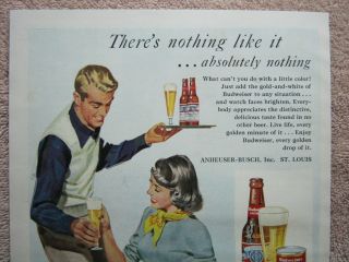 Vintage 1950 Budweiser Beer Husband Serving Wife Painting Chair Print Ad 2