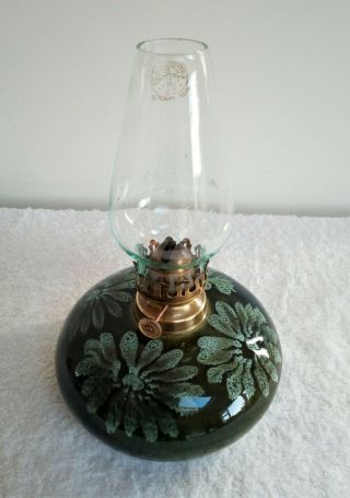 Vintage Cornish Studio Pottery Glazed Ceramic Table Oil Lamp,  Burner & Chimney. 2