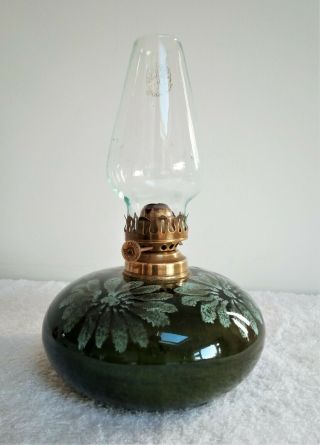Vintage Cornish Studio Pottery Glazed Ceramic Table Oil Lamp,  Burner & Chimney. 3