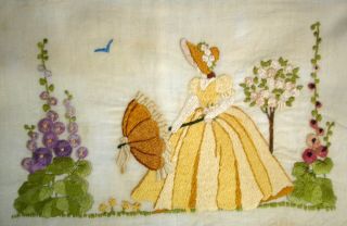 Vintage Hand Embroidered Unframed Linen Picture Crinoline Lady With Parasol