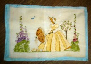 Vintage Hand Embroidered Unframed Linen Picture Crinoline Lady With Parasol 2
