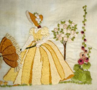 Vintage Hand Embroidered Unframed Linen Picture Crinoline Lady With Parasol 3