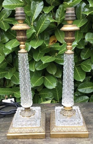 Old Vintage Early Mid 20th Century Pair Cut Glass & Brass Table Lamps Af