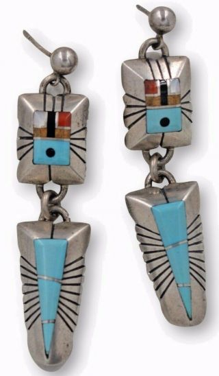 Vintage Navajo Old Pawn Turquoise Sterling Silver Inlay Earrings