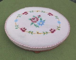 Lovely Victorian Style Oval Footstool Floral Tapestry & Velvet Four Bun Feet